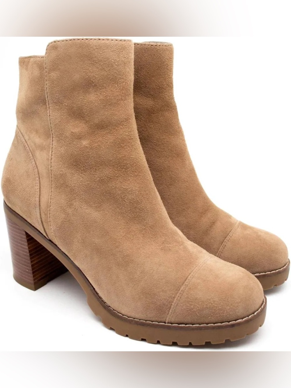 Cole Haan Foster Tan Suede Ankle Booties Block Heel Lug Sole Size 7.5 NWOB